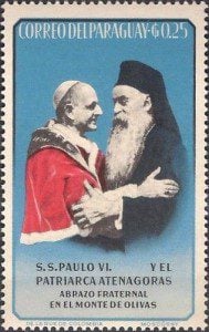 (A Paraguayan stamp, celebrating the historic 1964 meeting between Pope Paul VI and Ecumenical Patriarch Athenagoras. Source: Wikimedia, Creative Commons License).