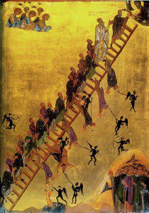 (An Icon of the Ladder of Divine Ascent, 12th century, from St. Catherine's on Mt. Sinai. Source: Wikimedia, Creative Commons License).