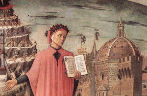 (Dante standing between Florence and Mount Purgatory in a detail from a painting by Domenico di Michelino. Source: Wikimedia, Creative Commons License).