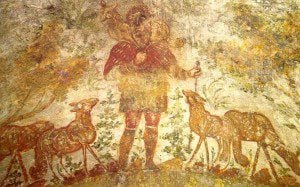 (Jesus as the Good Shepherd from the Crypt of Lucina, between 200 and 300. Source: Wikimedia, Creative Commons License).