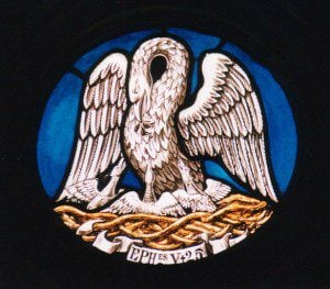 (A pelican, a traditional Christian symbol for Christ, since the pelican was supposed to feed its young with its own blood).