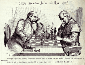 ("Zwischen Berlin und Rom." Bismarck confronts Pope Pius IX in a caricature from the May 16, 1875 edition of "Kladderadatsch." Source: Wikimedia, Creative Commons License).