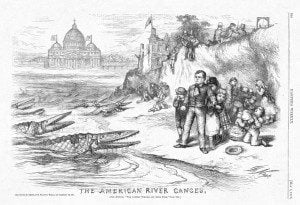 "The American River Ganges," an 1875 anti-Catholic cartoon by Thomas Nash from Harper's Weekly magazine. Source: Wikimedia, Creative Commons License.