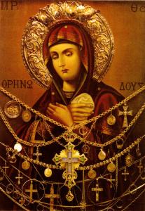 An icon of the Theotokos (c.1860-1880) by Deacon Ioasaf Athonites. Public Domain.