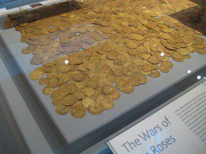 Pile of gold coins from Fishpool Hoard on display at the British Museum. Photograph by BabelStone via Wikimedia Commons