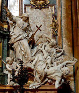 Religion Overthrowing Heresy and Hatred, by Pierre Legros the Younger (1695–1699). Marble, H. 3 m (9 ft. 10 in.). Church of the Gesù, Rome, Italy by Jastrow (Own work) [Public domain], via Wikimedia Commons