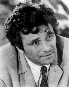 Peter Falk as Columbo by Margie Korshak Associates-publicity agency-Falk was appearing at an awards dinner in Chicago. (eBay item photo front photo back) [Public domain], via Wikimedia Commons