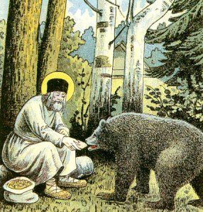 St. Seraphim of Sarov and a Bear. Lithograph in the Public Domain via WikimediaCommons