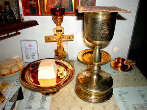 Liturgy of Saint James. Russian Orthodox Church in Dusseldorf. The Gifts (Bread and Wine) prepared during the Liturgy of Preparation before the beginning of the Divine Liturgy. By Velopilger (Own work) [Public domain], via Wikimedia Commons