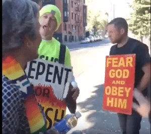 My wife, rev. Amy Piatt, bringing refreshments to protesters and comforting upset congregants.