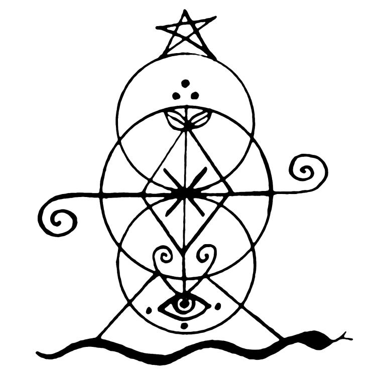 Image shows the 2023 Sigil for the Year - a black and white design featuring vertical concentric circles topped by a star with a serpent at the base and other small details.