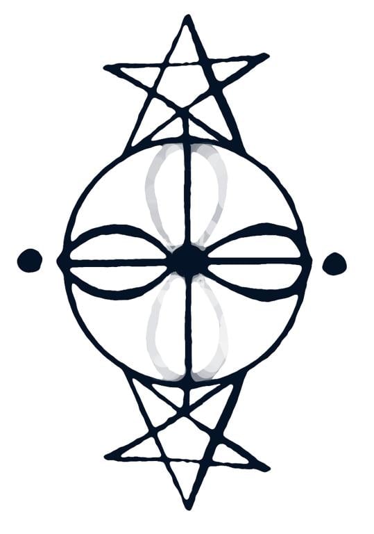 A plus sign with overlapping figure eights are contained within a circle. At the top and bottom of the circle, a five pointed star is placed (one pointing up, the other down.). The design is flanked by two black dots on the left and right, with one larger dot in the center of the design.