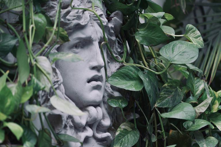 Sculpture of Medusa covered by greenery
