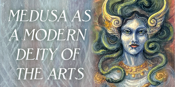 Painting of Medusa by Laura Tempest Zakroff, flanked by a dagger, scissors, paintbrushes, and a writing pen.