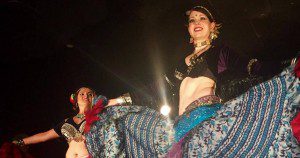 A typical performance shot (me dancing with a troupemate at the Wowie Zowie show in Indianapolis).