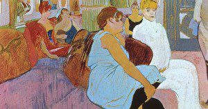 Salon in the rue des moulins by Toulouse-Lautrec. In public domain.