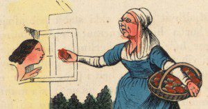 A public domain image of Snow White receiving the poisoned apple (from an 1852 edition of an Icelandic translation of the Grimms).