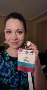 Conference badge selfie! One ribbon says "Presenter" & the other reads "Sex Geek."