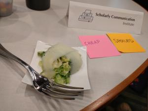 Along with the salad were post-its with conversational prompts.