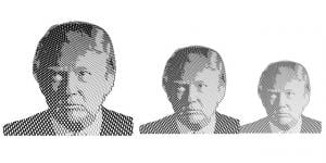 three increasingly smaller and more faded black and white photos of Donald Trump