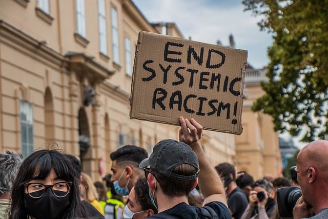 a man holding a cardboard sign that says "end systemic racism!"