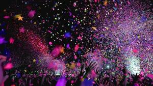 confetti fluttering through the air at a concert