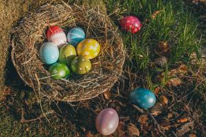 a nest outdoors on fresh grass, overflowing with shiny colorful Easter eggs