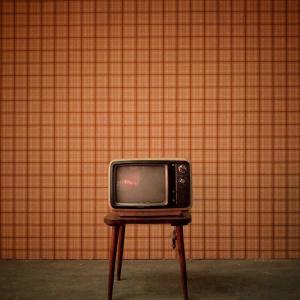 an old fashioned television on a dirty floor in front of a plaid wallpapered wall