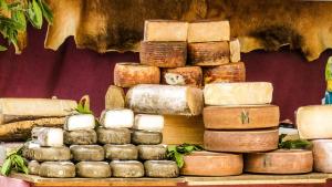 an array of fancy rounds of cheese in a shop