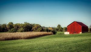 a red barn somewhere in Ohio, under a blue sky near a cornfield