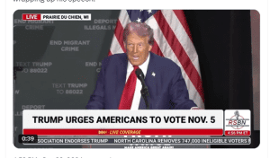 a screenshot of Donald Trump giving a speech, wherein his hair appears purple