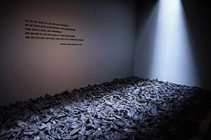 A heap of shoes in a gallery at the Holocaust Memorial 