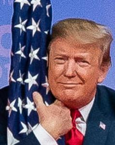 Donald Trump hugging an American flag at CPAC in 2019