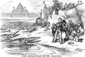 frightened Victorian people cringe from an invasion of crocodiles that are actually bishops in miters