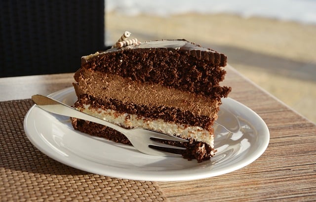 a slice of cake with chocolate ganache, like the one I ate while feeling Catholic guilt.