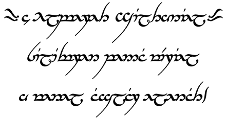 the first three lines of the long version of O Ebereth Githoniel, written in Tengwar script using the mode of Beleriand