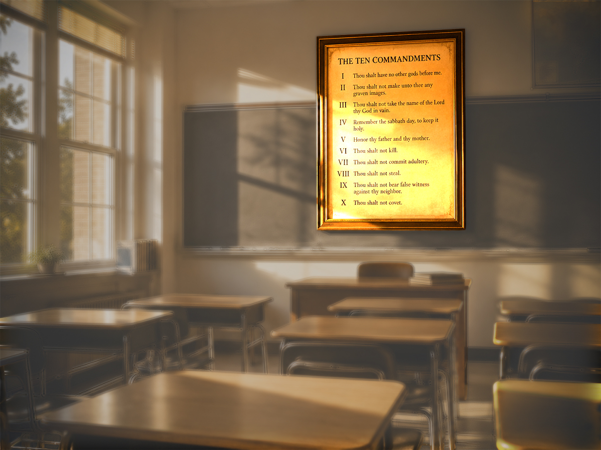 The Ten Commandments on a classroom wall