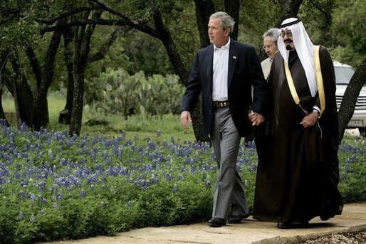 President George W. Bush welcomes Saudi Crown Prince Abdullah to the ranch in Crawford, Texas for meetings Monday, April 25, 2005. White House photo by David Bohrer