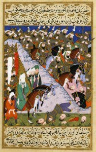 The Battle of Uhud, 16th c. Turkish miniature. By Anonymous (Author) [Public domain], via Wikimedia Commons.