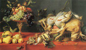 Frans Snyders, Game and fruit on a table (1625) via Wikimedia Commons