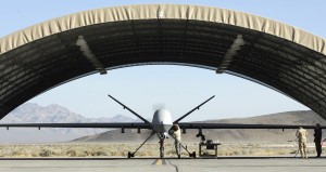 A Reaper MQ-9 UAV (Unmanned Aerial Vehicle) based at Creech Air Force Bace, Nevada, USA prepares for a training mission over the west coast of America.  The MQ-9 Reaper is a medium-to-high altitude, long endurance remotely piloted aircraft system. The MQ-9's primary mission is to act as an intelligence, surveillance and reconnaissance (ISR) asset, employing sensors to provide real-time data to commanders and intelligence specialists at all levels.