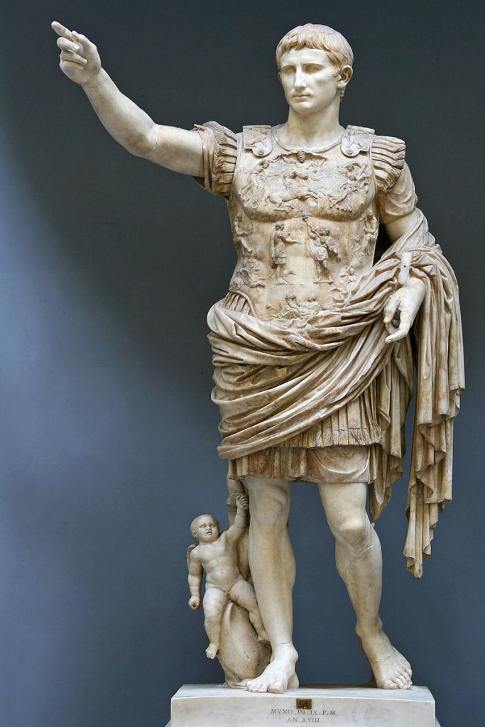 A first-century statue of Augustus, the emperor of the Roman Empire in the first centuries BCE and CE. Photo by Tim Niermann, used under Creative Commons Attribution Share Alike 3.0 license. Taken from Wikipedia. 