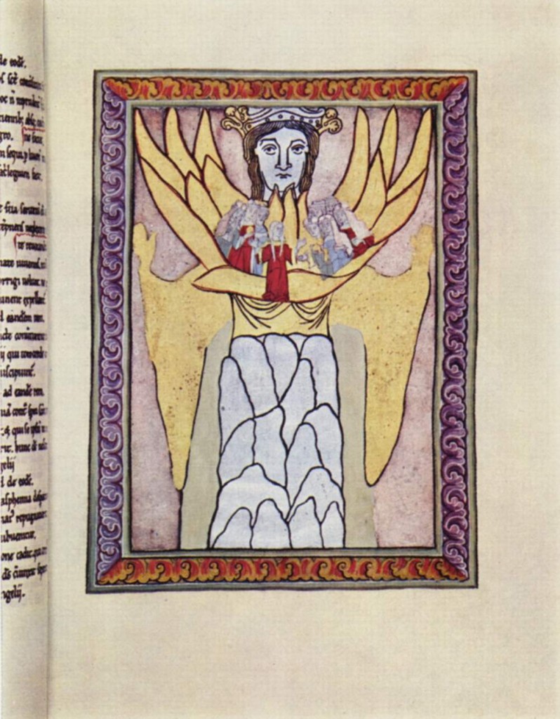 The woman Wisdom holding the Ecclesia (church), from a medieval manuscript of the work of Hildegard of Bingen. Image in the public domain, taken from Wikipedia. 