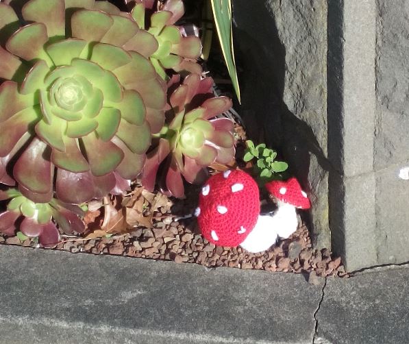 Fly agaric yarn bombing