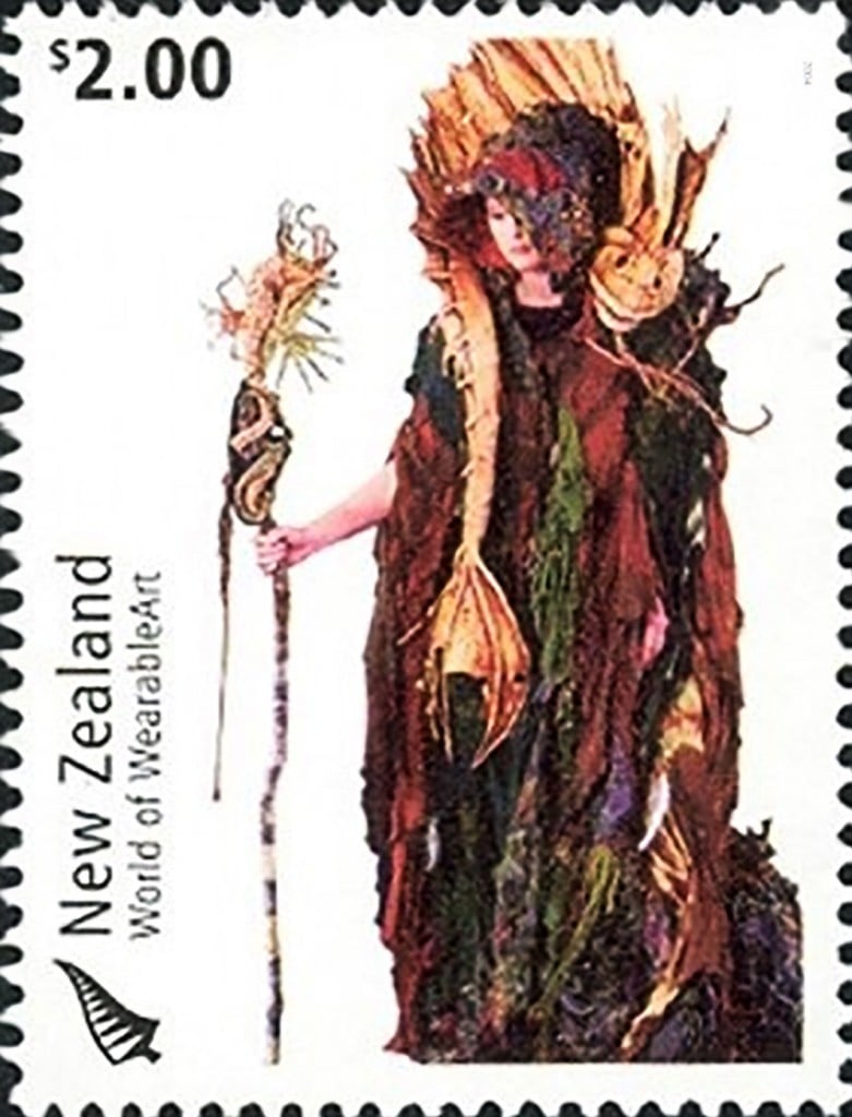 Image: NZ $2.00 stamp 2004, which formed part of a series on wearable art, showing the Cailleach Na Mara (of the Sea) by Jan Kerr. (Personal collection)