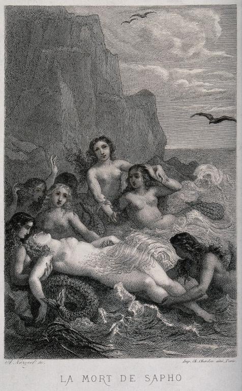 The death of Sappho. Engraving by A.J. Nargeot. Credit: Wellcome Collection. CC BY. The Poet of Lesbos who committed suicide by jumping into the sea.