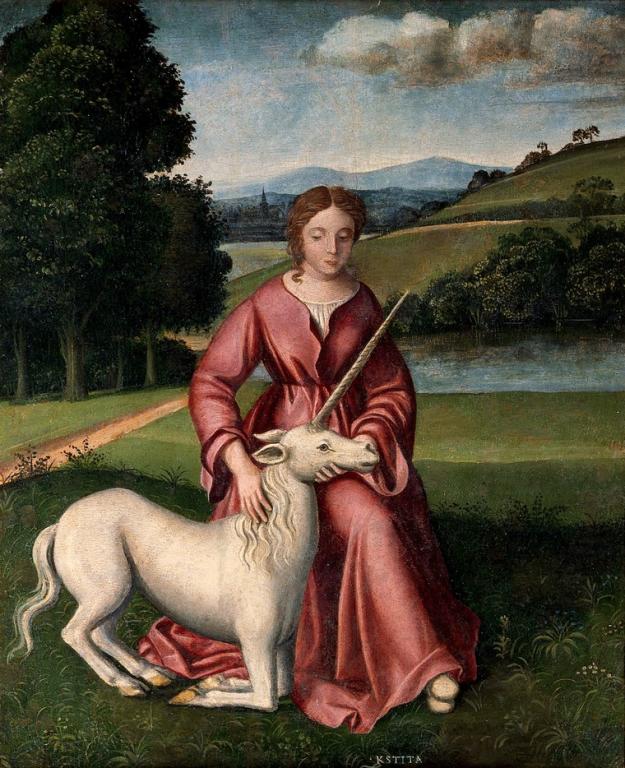 A virgin and a unicorn; representing chastity. Oil painting.
