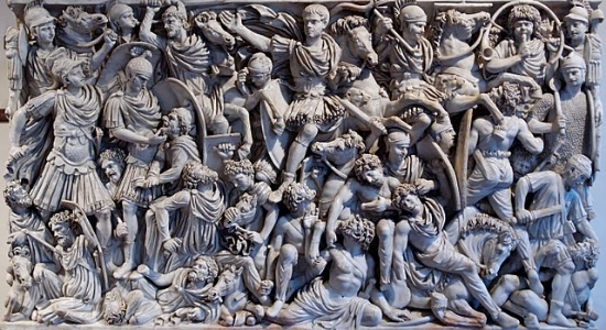 Technically, this depicts 3rd century Romans fighting barbarians, but this could easily be a political scuffle.