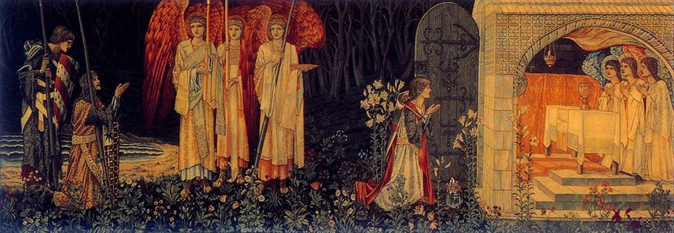 Sir Edward Burne-Jones, overall design and figures; William Morris, overall design and execution; John Henry Dearle, flowers and decorative details, The Attainment: The Vision of the Holy Grail to Sir Galahad, Sir Bors, and Sir Perceval (also known as The Achievement of the Grail or The Achievement of Sir Galahad, accompanied by Sir Bors, and Sir Perceval), 1895-96, PD-1923