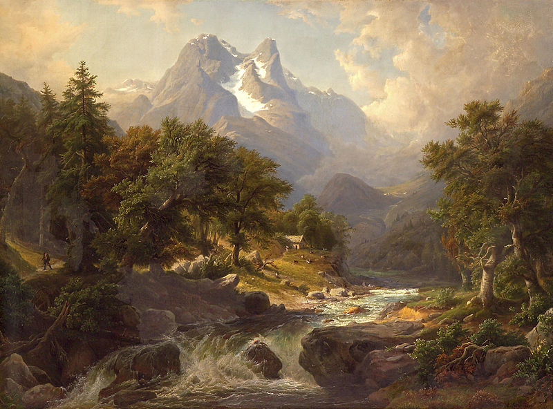 Arnold Schulten (1809-1874) "A mountainous landscape with a fast flowing river" 1845